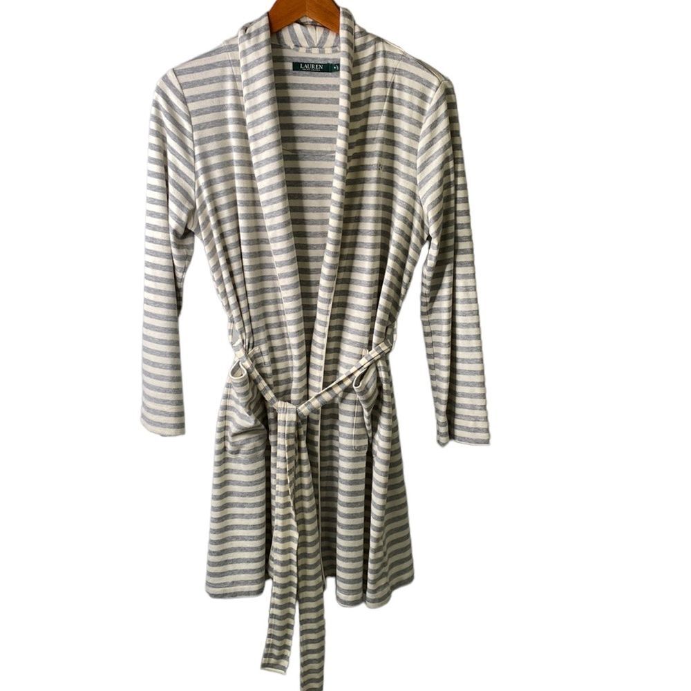Lauren Ralph Lauren Stripe Shawl Collar Long Sleeve Short Wrap Bath Robe Tie